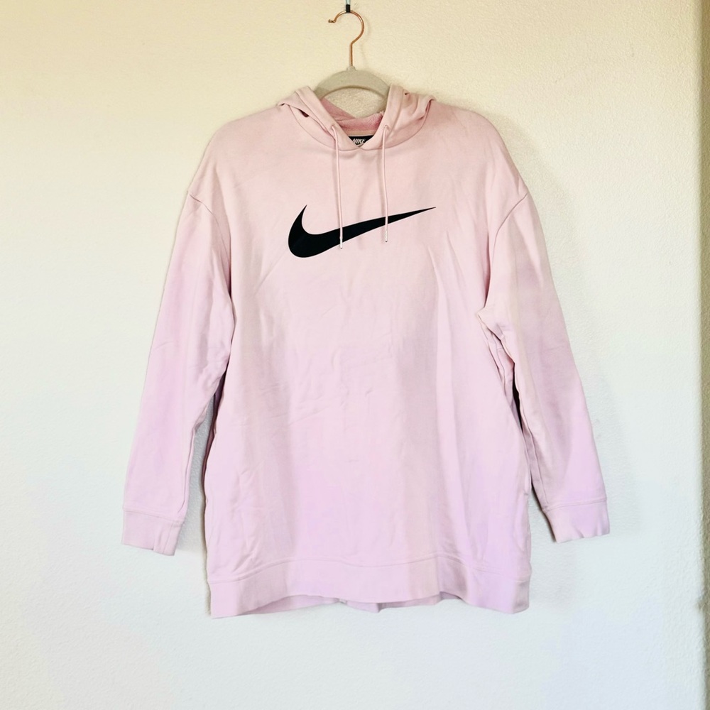 Nike Light Pink Black Big Swoosh Hoodie Sweatshirt Tunic Oversized Cotton M - Picture 2 of 7